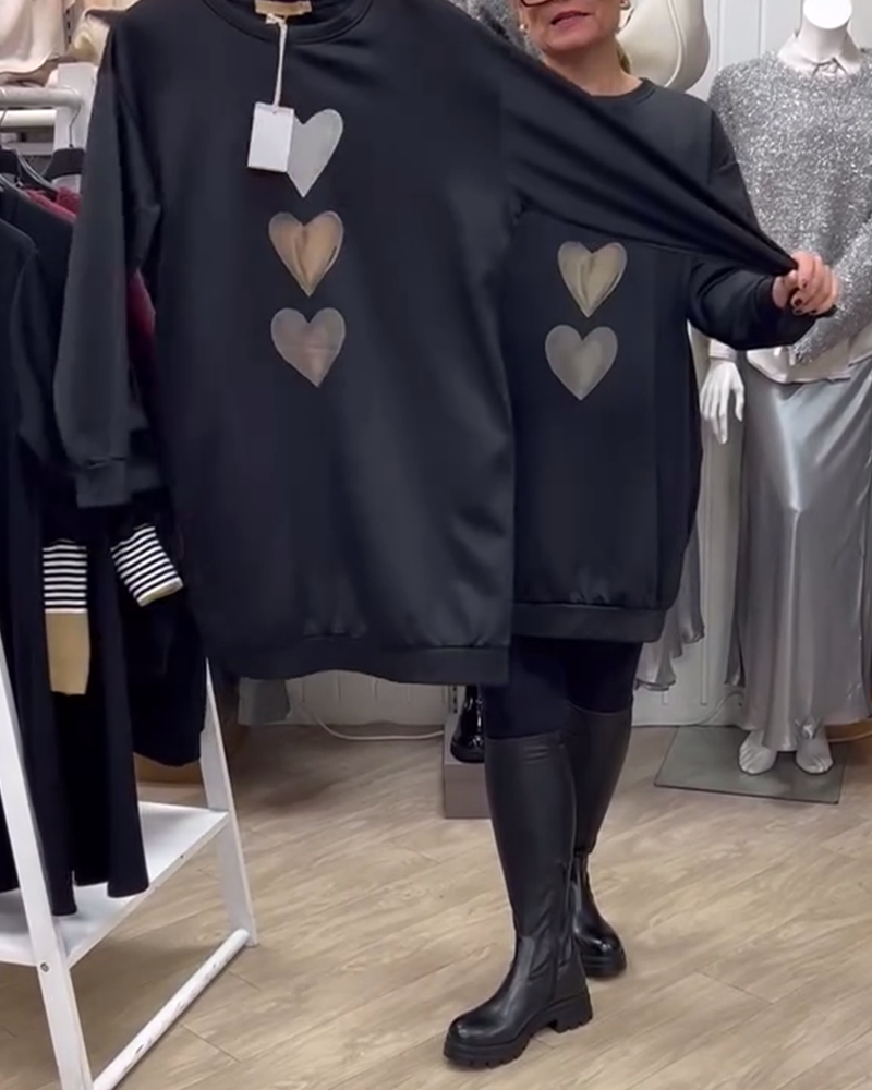 Black Round Neck Heart Print Long Sleeve Sweatshirt Mini Dress