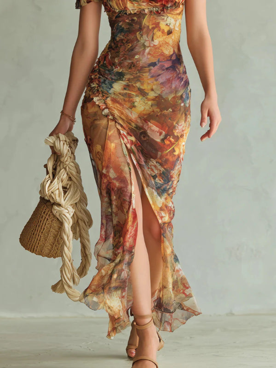 Multicolor Square Neck Puff Sleeve Floral Ruched High Slit Bodycon Maxi Dress