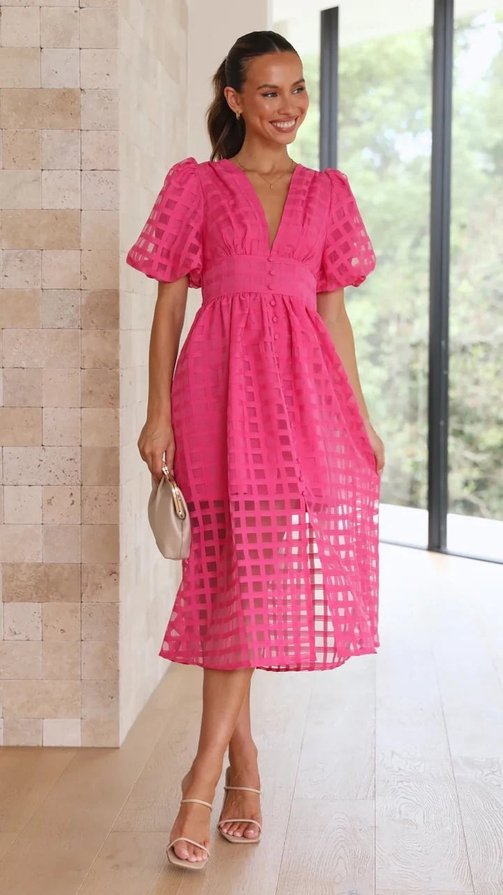 Beautiful square pattern fabric puff sleeve midi