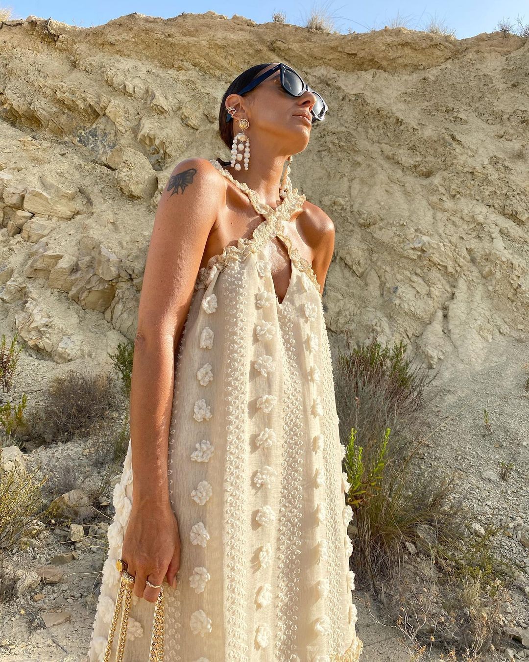 Beige Cross-Strappy Tip Floral Texture Midi Dress