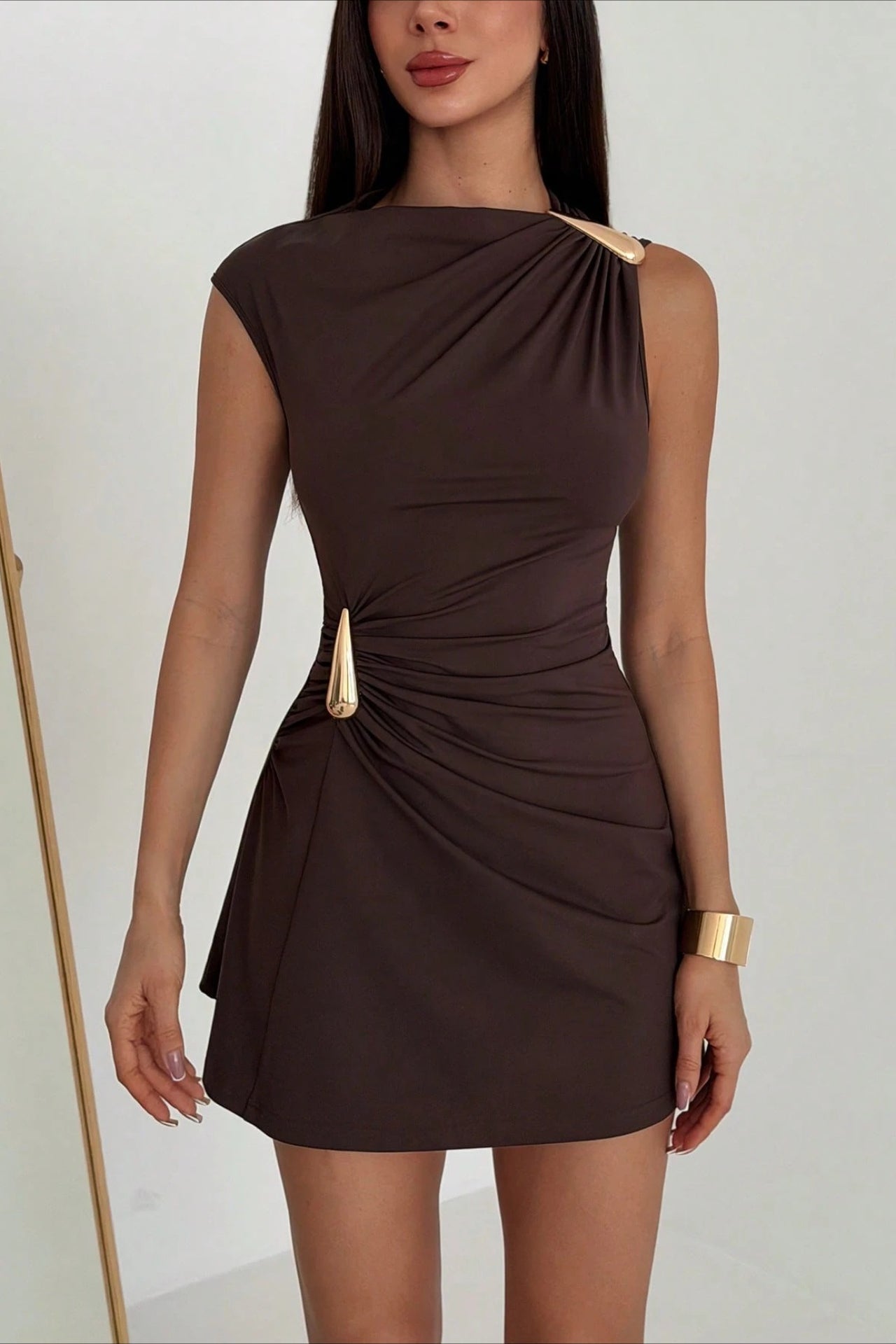 Round Neck Sleeveless Ribbon Mini Figure Hug Bodycon Dress