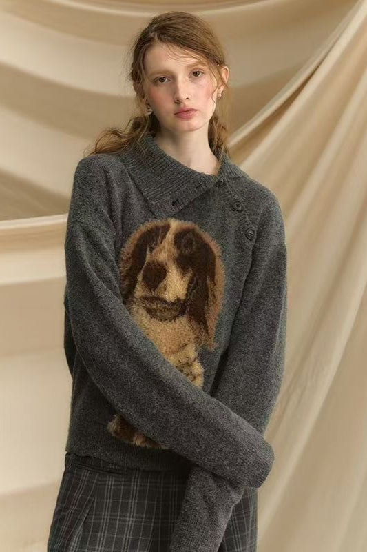Retro Dachshund Print Slouchy Loose Pullover Sweater