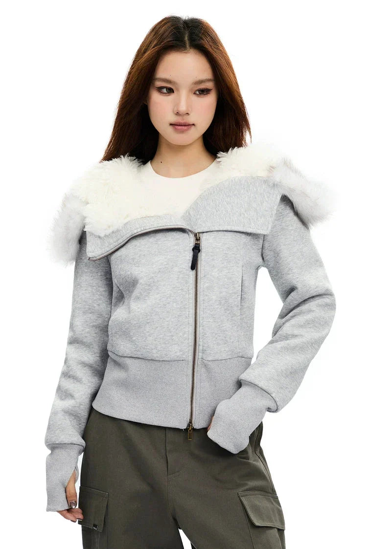 Fleece-Lined Hooded Fur-Collar Zip Short Jacket