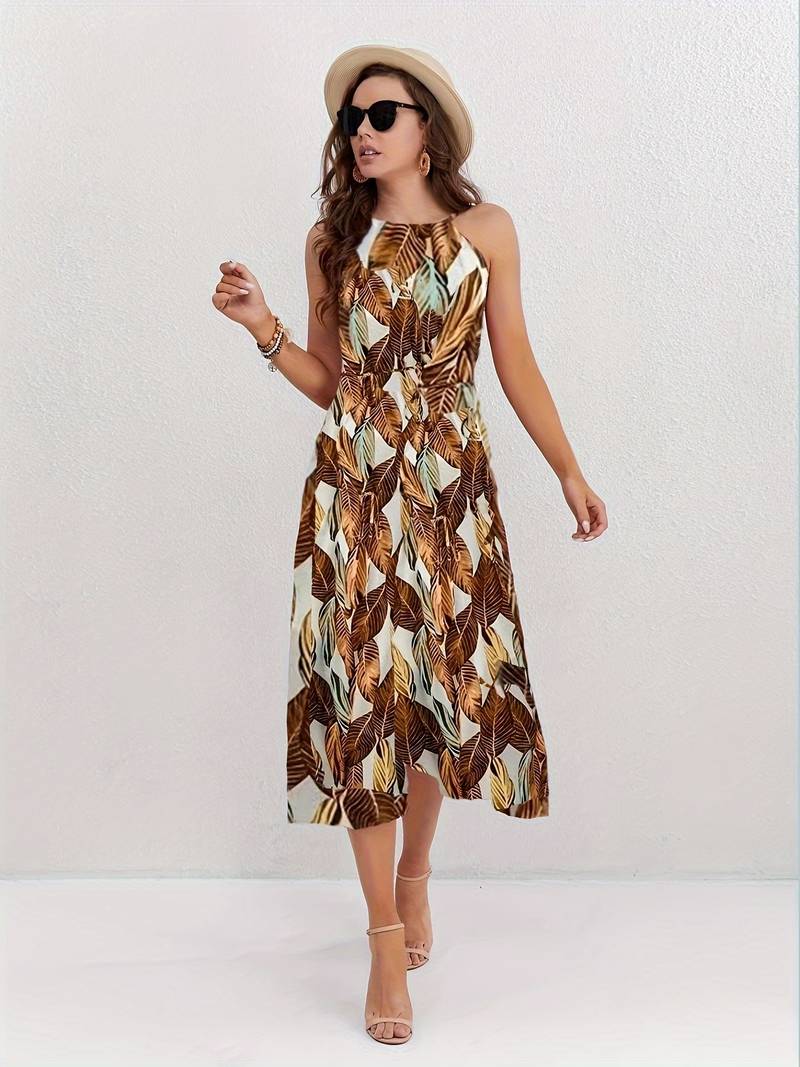 Jocelyn Boutique Halterneck Beach Dress with Leaf Pattern Premium Wardrobe Essential