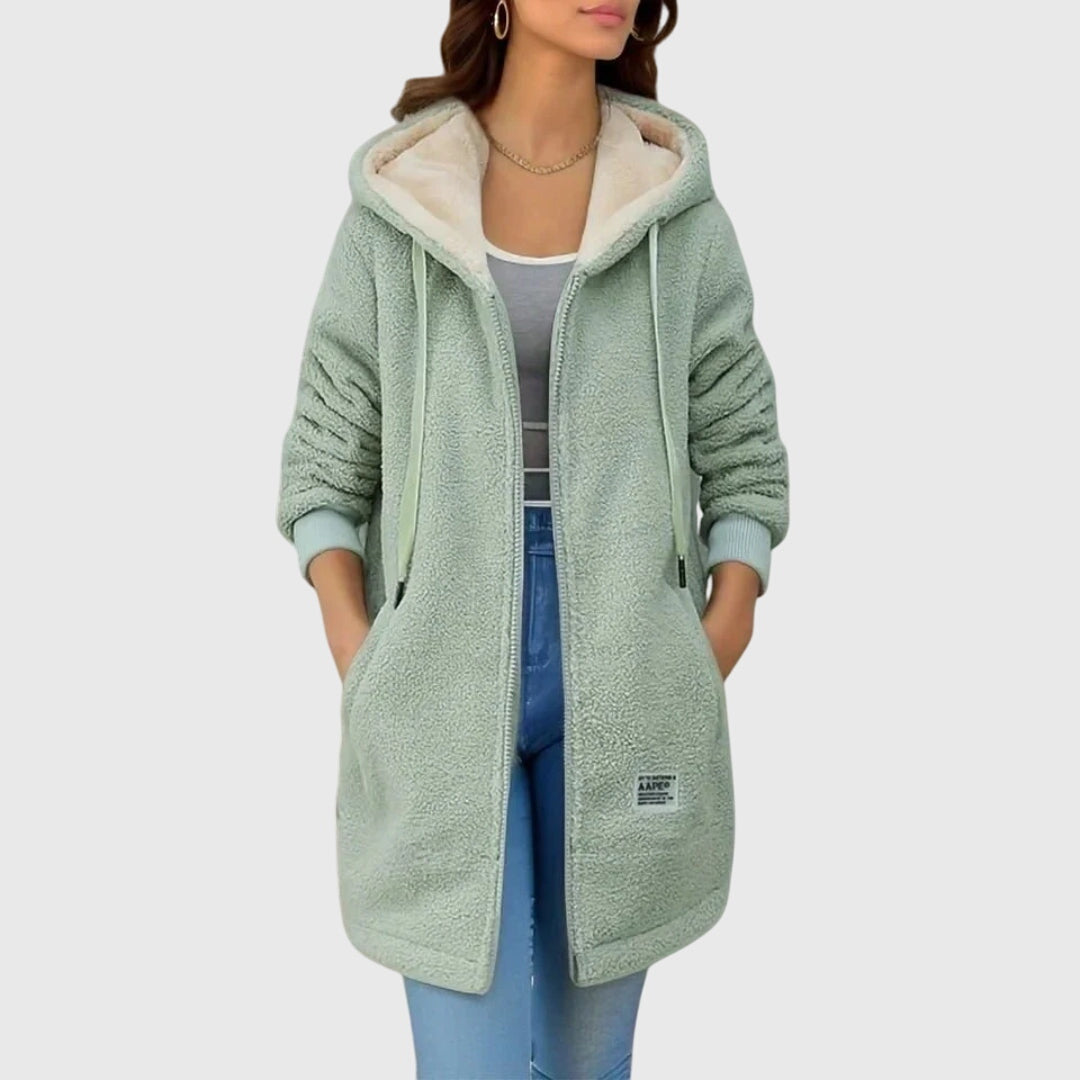 Hooded Sherpa Fleece Drawstring Zip Up Longline Jacket