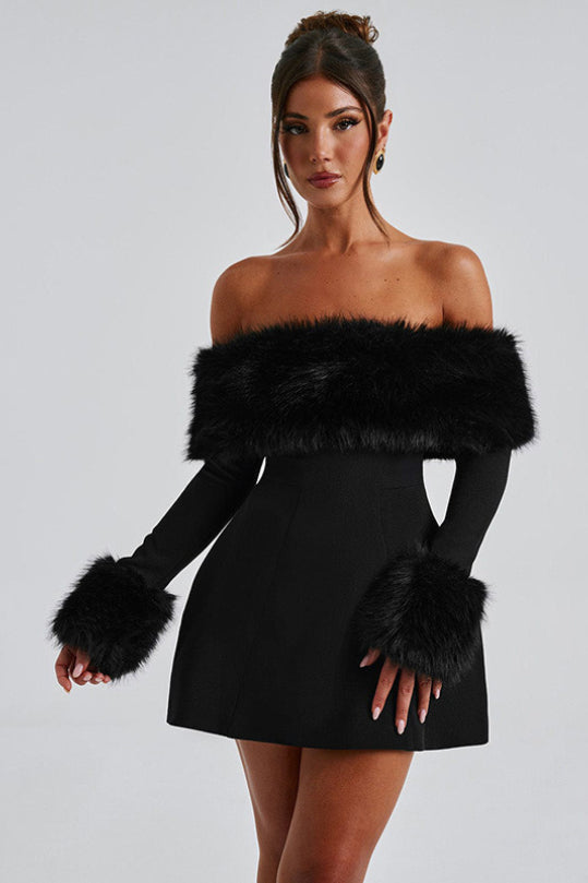 Black Faux Fur Collar Off Shoulder Bodycon Dress 4