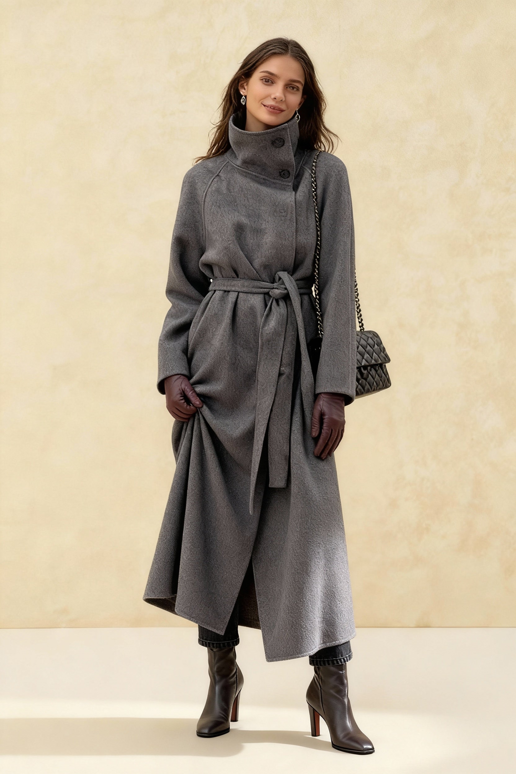 Grey High Collar Long Woolen Coat