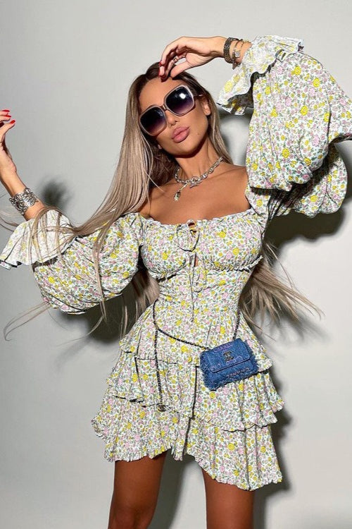 Strapless Off Shoulder Flared Floral Dress