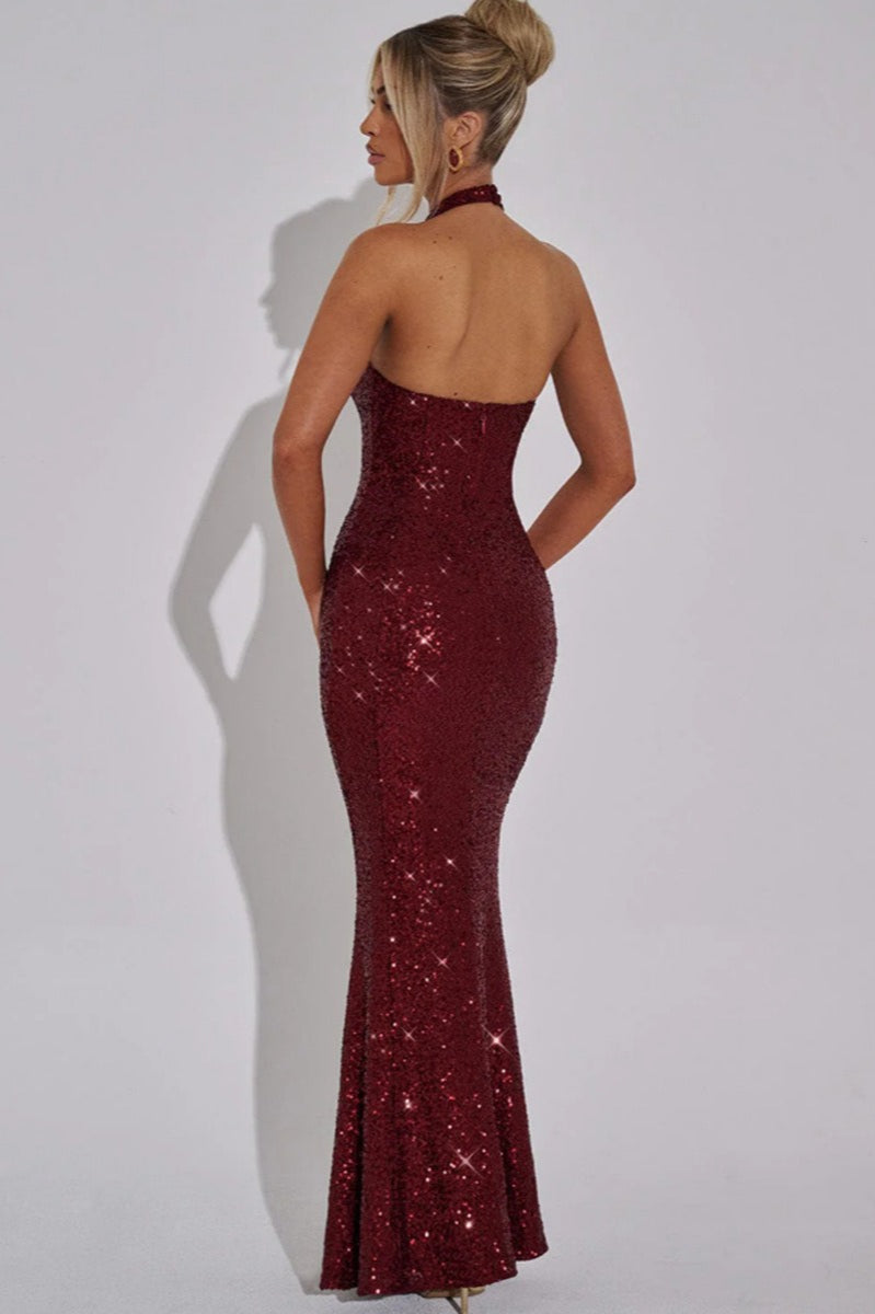 Rhinestone Halter Sleeveless Ruched Party Dress