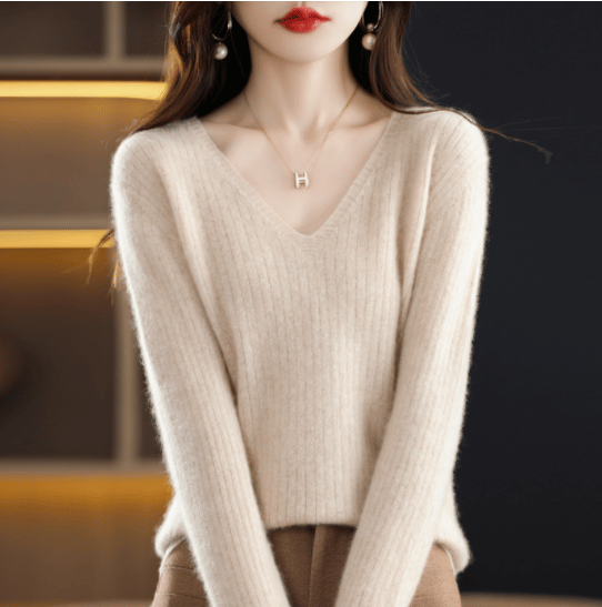 V-Neck Pullover Long Sleeve Solid Color Cashmere Sweater