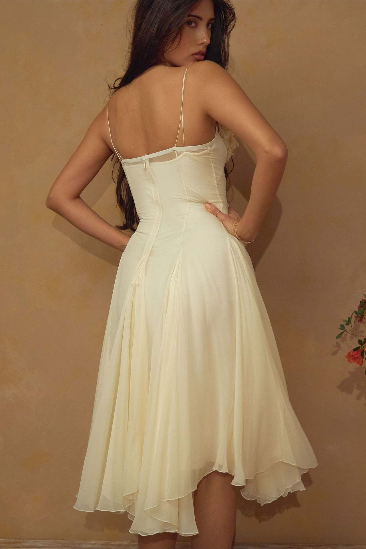 Sculpted Flower Plunge Midi Slip Dress
