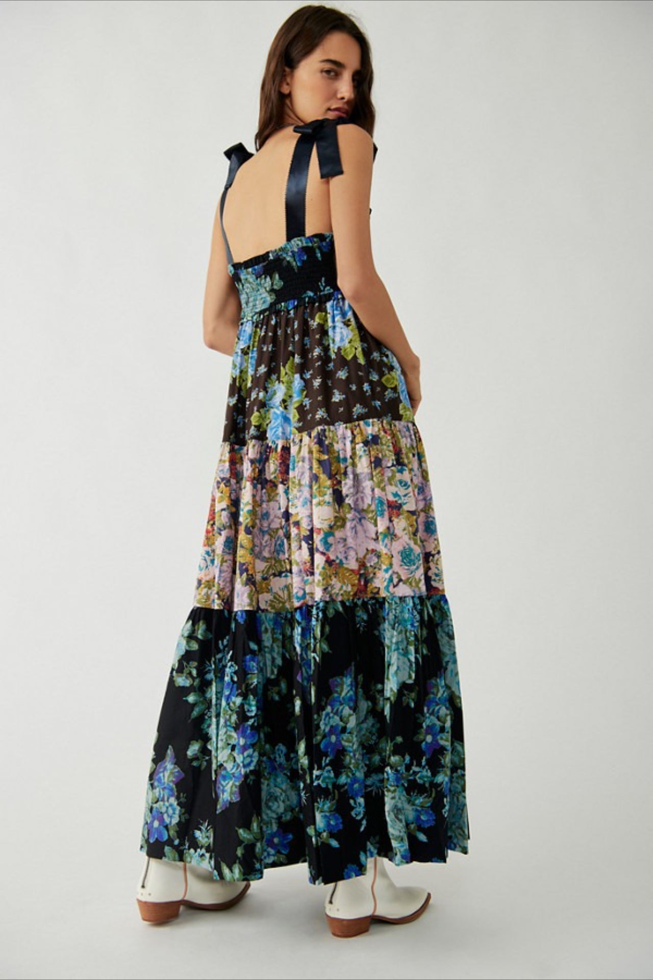 Smocked V Neck Bow Shoulder Strap Mixed Floral Tiered Maxi Dress 14