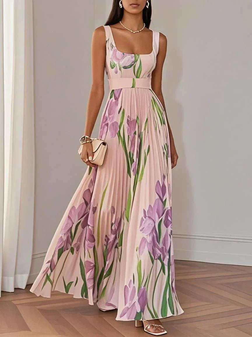 Square Neck Floral Print Sleeveless Pleated A-Line Maxi Dress