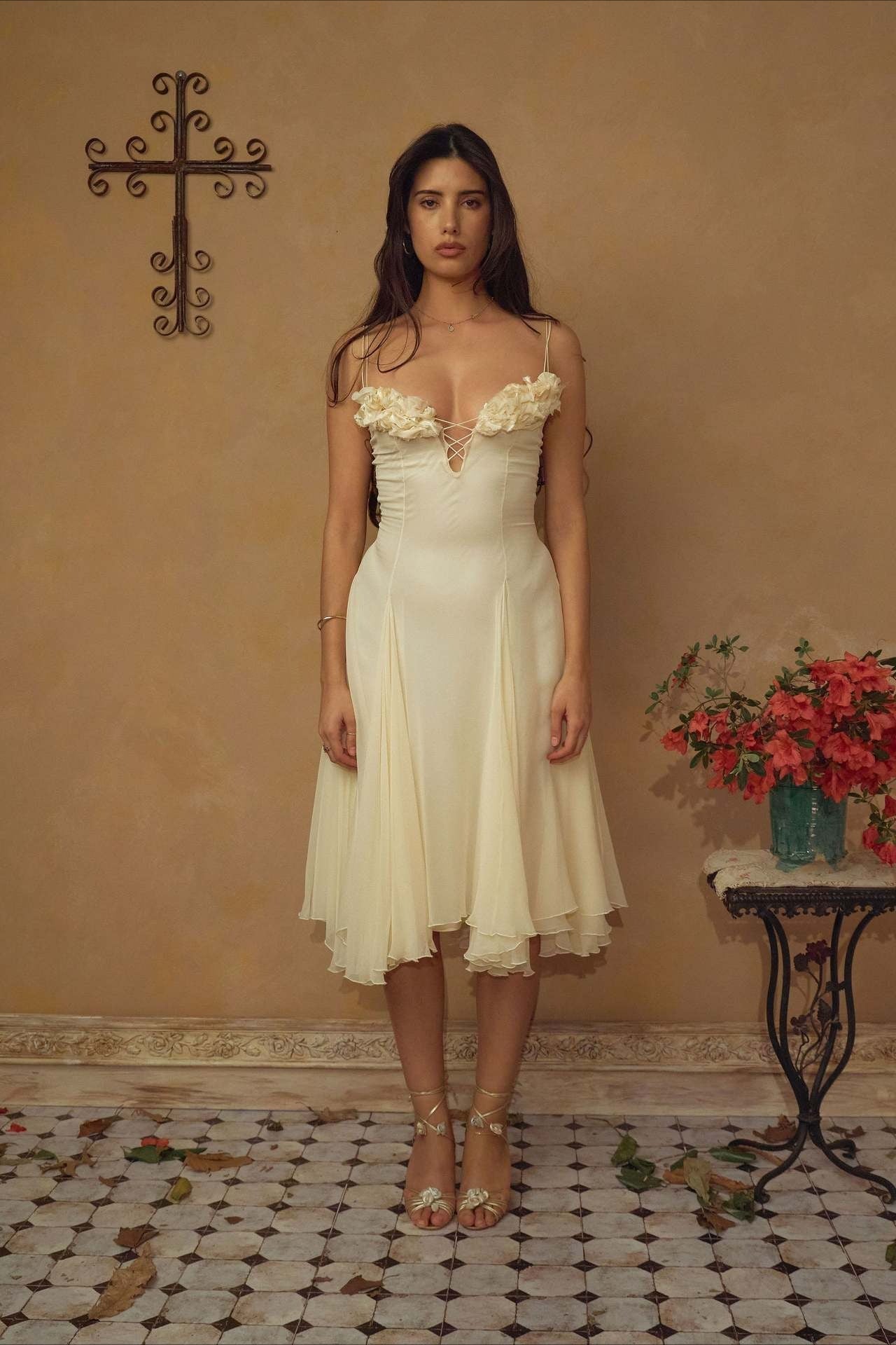 Sculpted Flower Plunge Midi Slip Dress