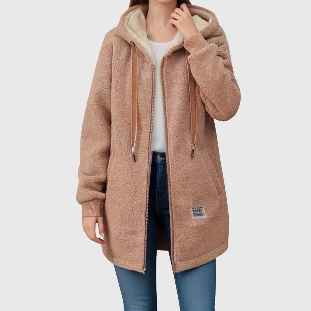 Hooded Sherpa Fleece Drawstring Zip Up Longline Jacket