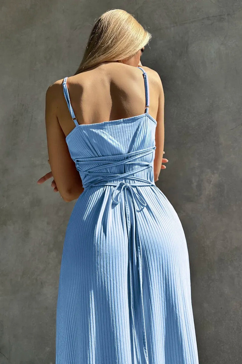 Solid Ribbed Tie Back Waist Cinch Slip Dress