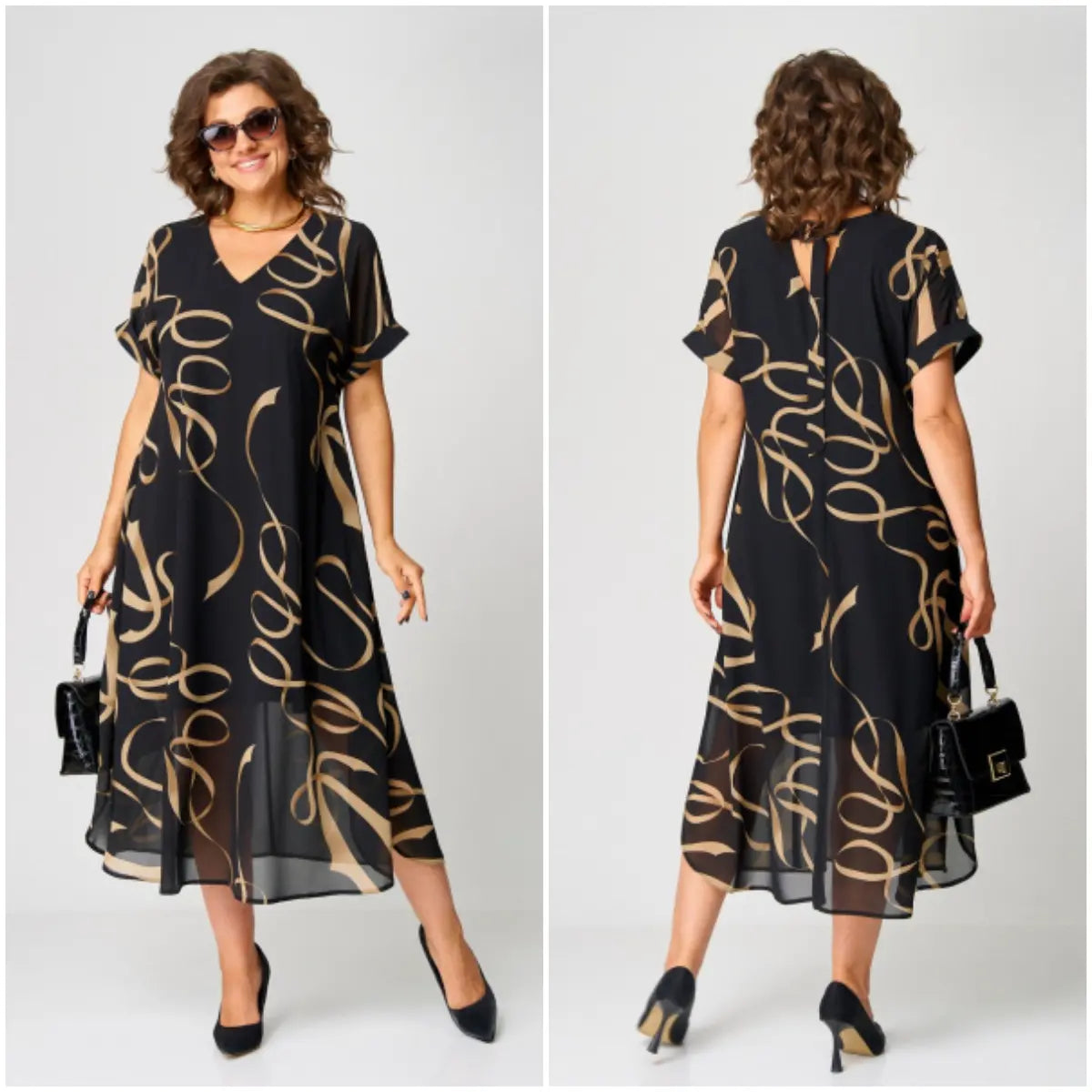 V-Neck Short Sleeve Abstract Print Chiffon A-Line Midi Dress