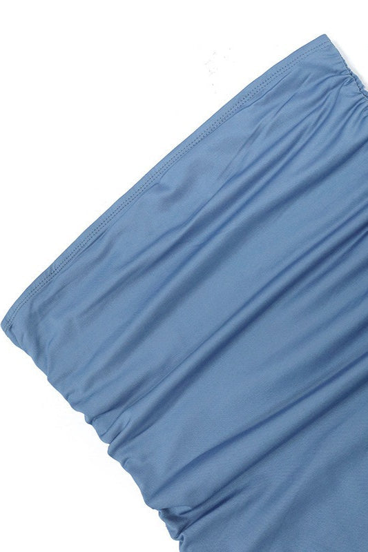 Strapless Ruched Ruffle Trim High Slit Midi Dress 13