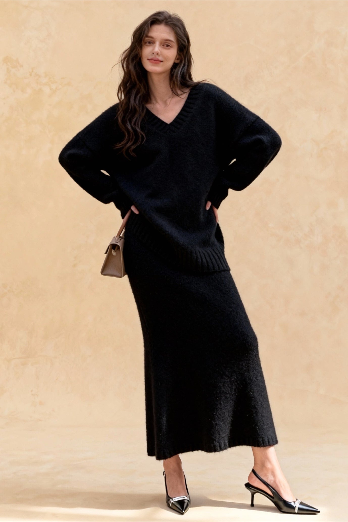 Lazy Vneck Knit Sweater Mermaid Skirt Two Piece Set