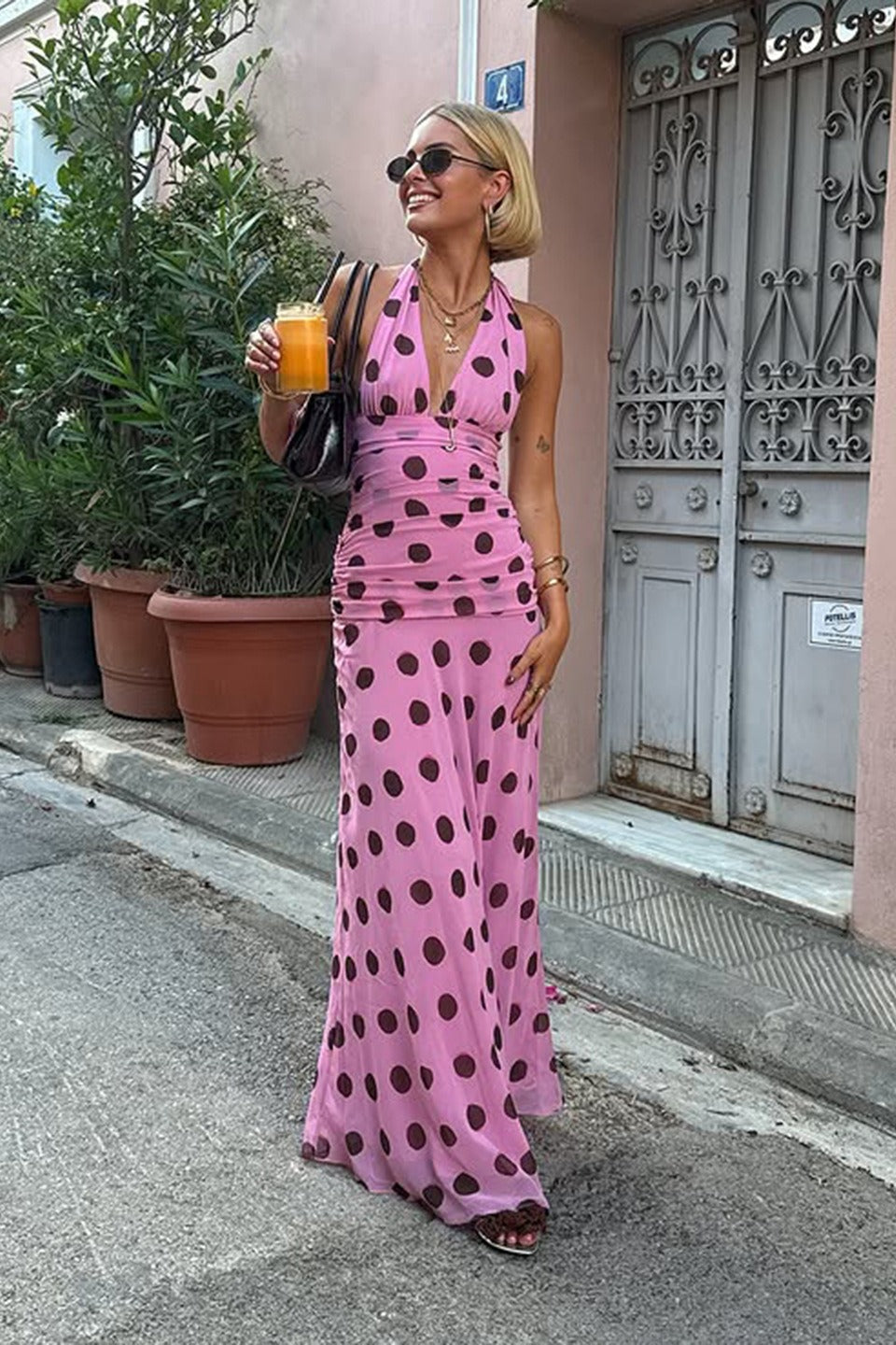 Pink Polka Dot Halter V-Neck Colorblock Bodycon Maxi Dress 2