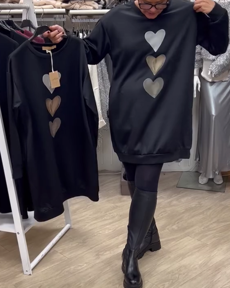 Black Round Neck Heart Print Long Sleeve Sweatshirt Mini Dress