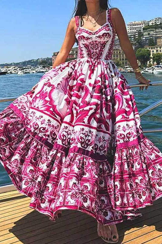 Wide Strap Sweetheart Baroque Print Tiered Ruffle Maxi Dress