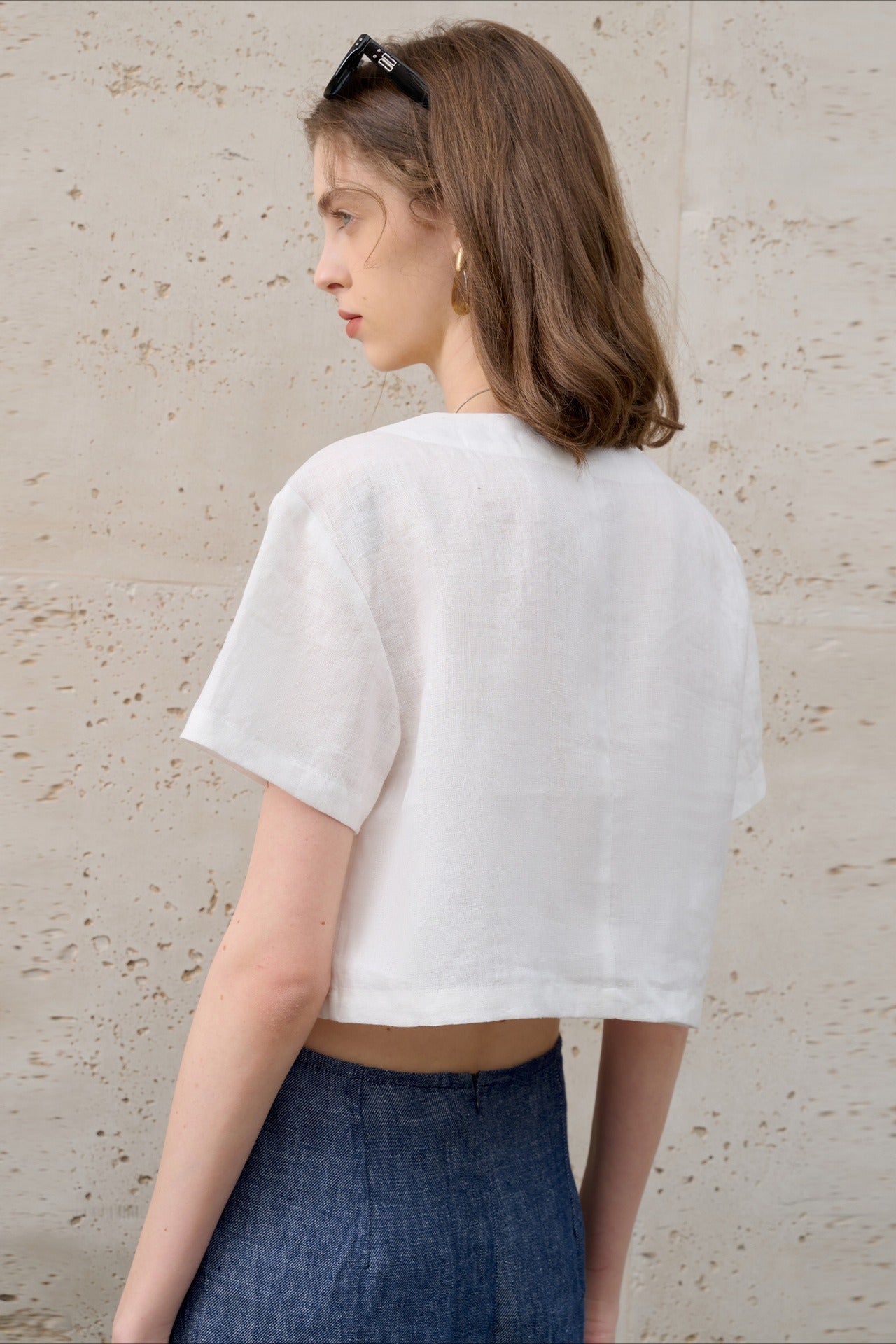 Linen V Neck Short Sleeve Blouse