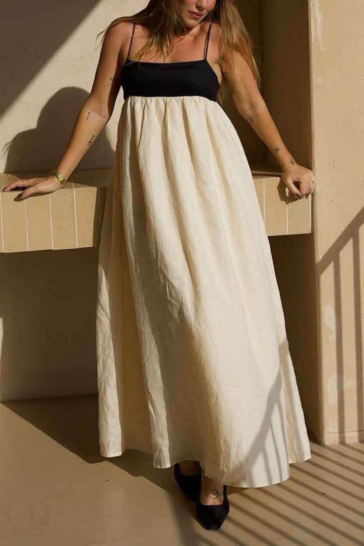 Beige Spaghetti Strap Square Neck Empire Waist Gathered Patchwork Maxi Dress 4
