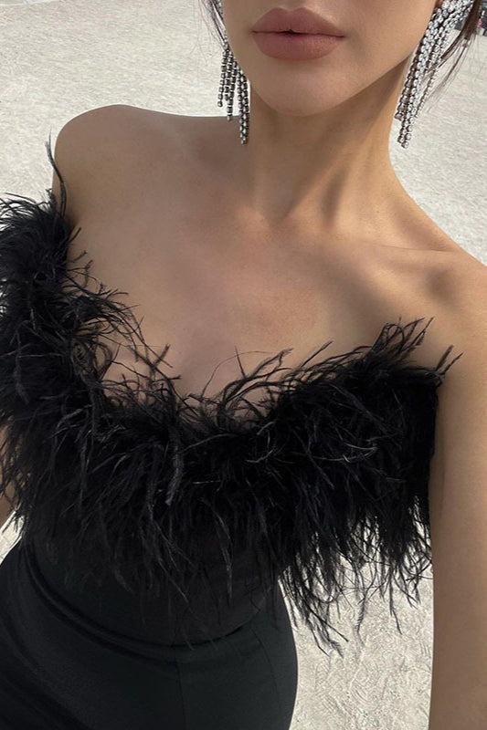 Ostrich Feather Deep V Bodycon Party Dress