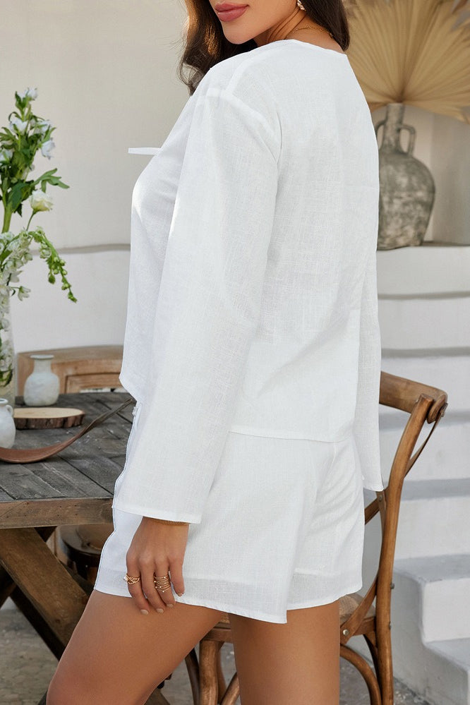 Casual Button Cardigan Beach Shorts Set
