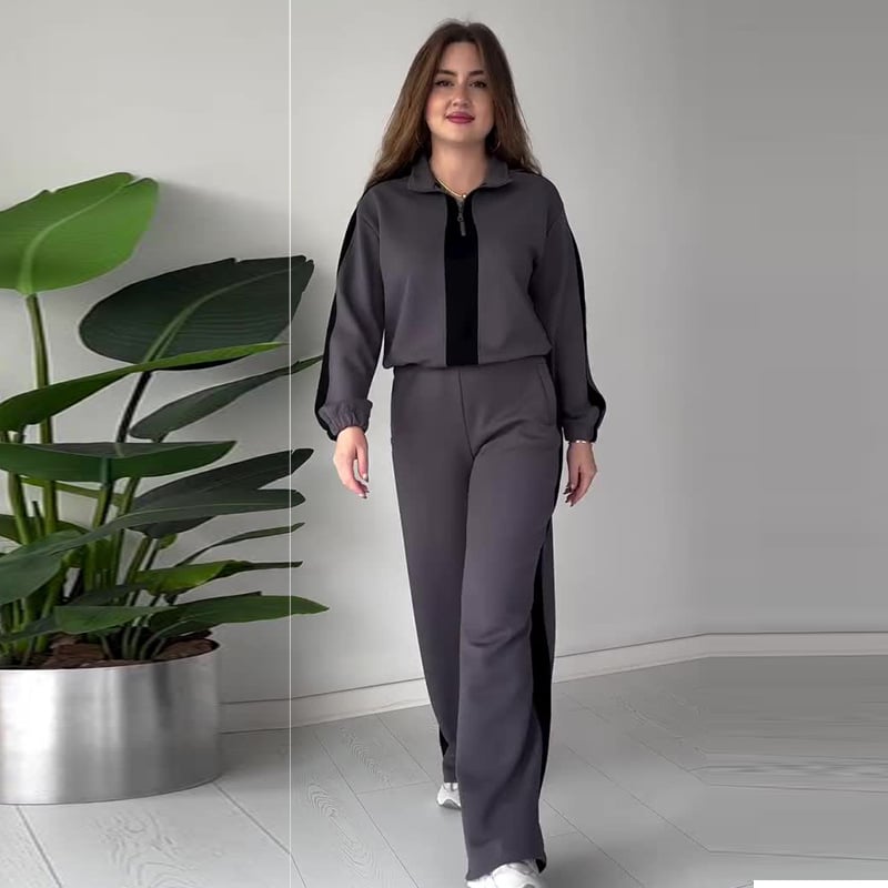 Zipper Lapel Tops & Pants 2-Piece Set
