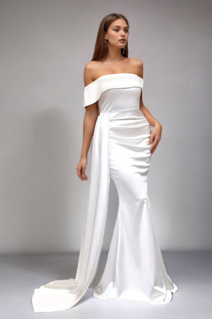 Solid Satin OffShoulder Strapless High Waist Formal Dress