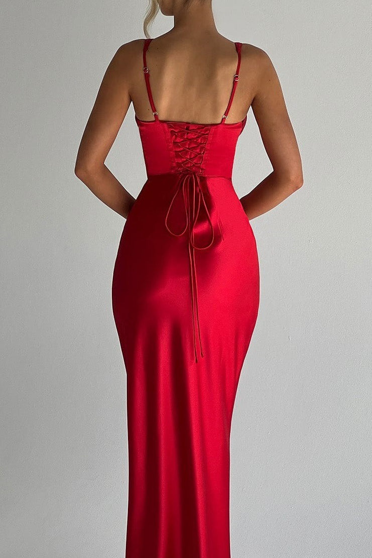 Satin Boned V-Neck Backless Cami Party Dress