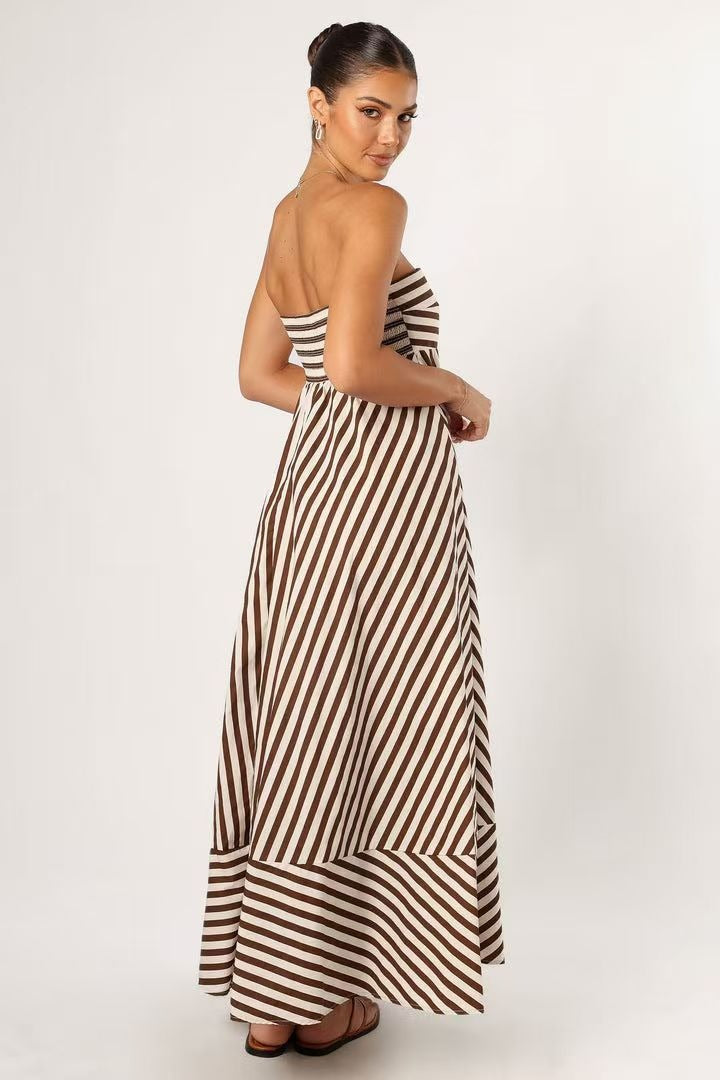 Brown Strapless Horizontal Diagonal Stripe Mitered A Line Maxi Dress 2