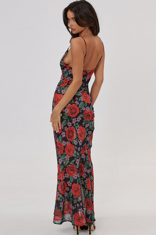 Red Spaghetti Strap Cowl Neck Floral Print Bodycon Maxi Dress 2