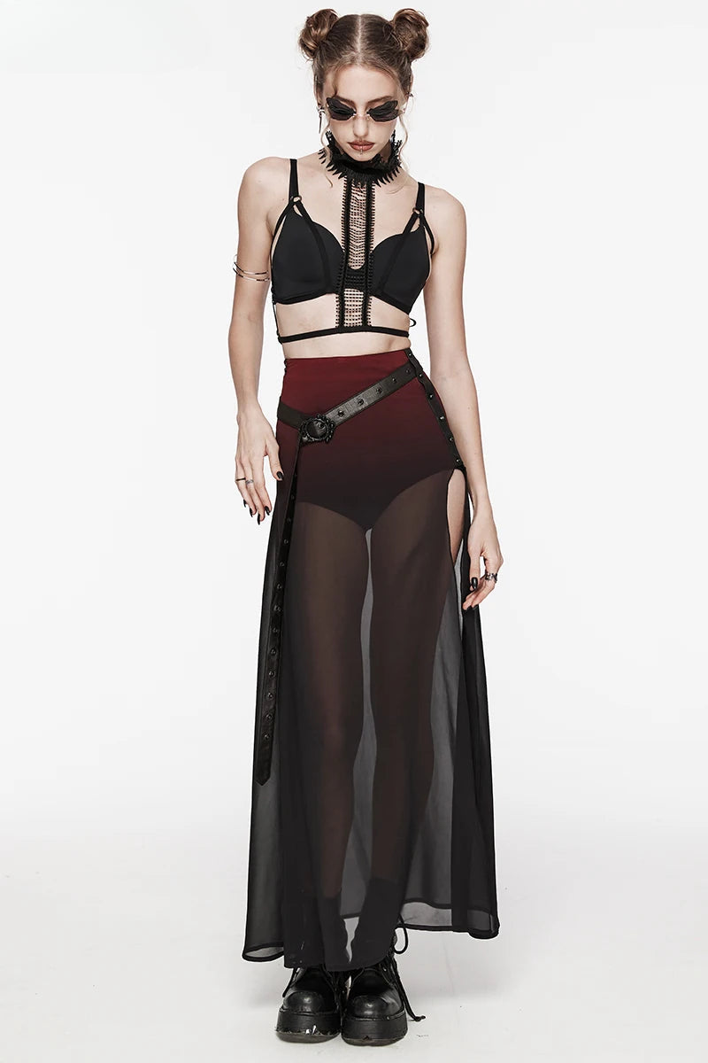 Women's Gothic Daily Chiffon & Rubberized Knitted Perspective High Slit Aline Long Skirt