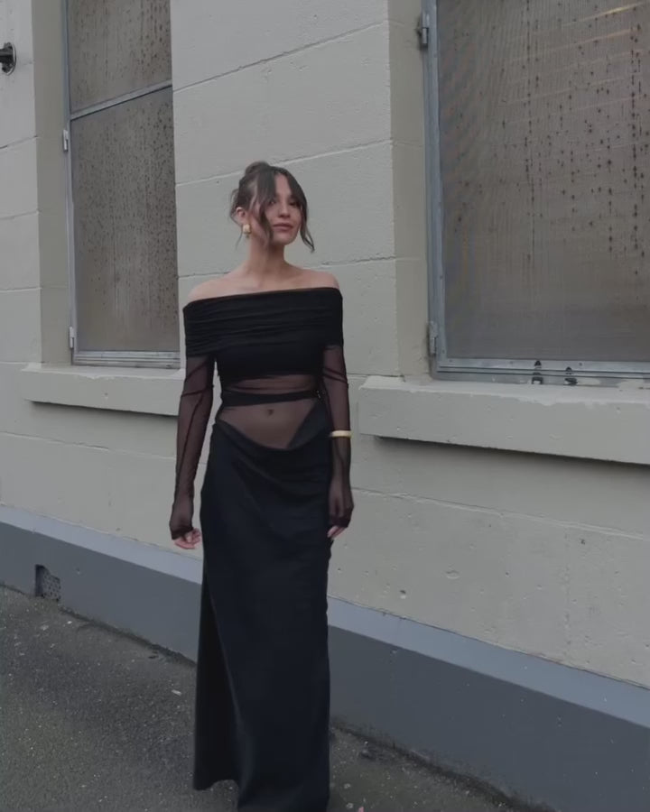 Obsidian Veil - Off-Shoulder Mesh Drape Dress