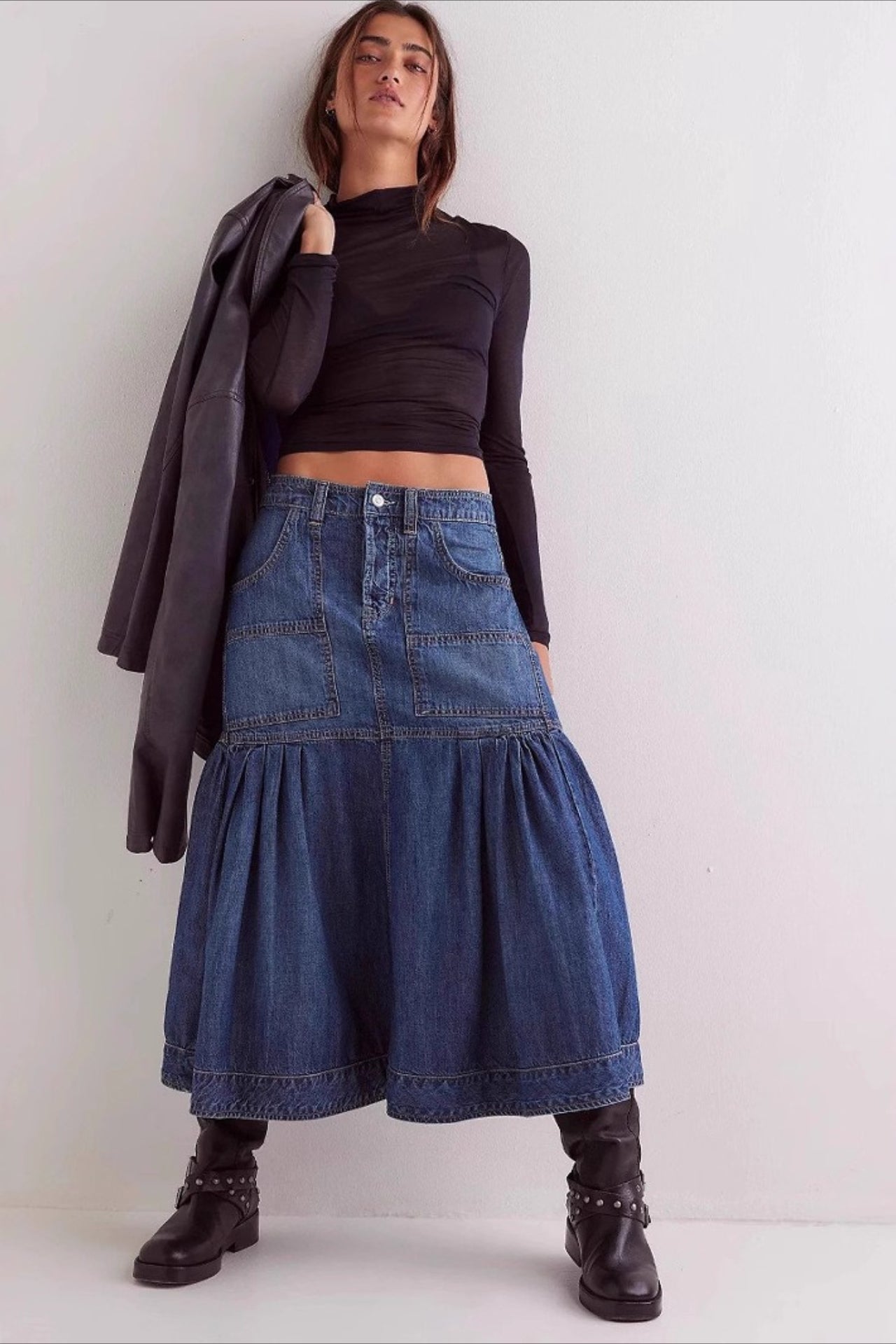 High-Waist Denim A-Line Skirt