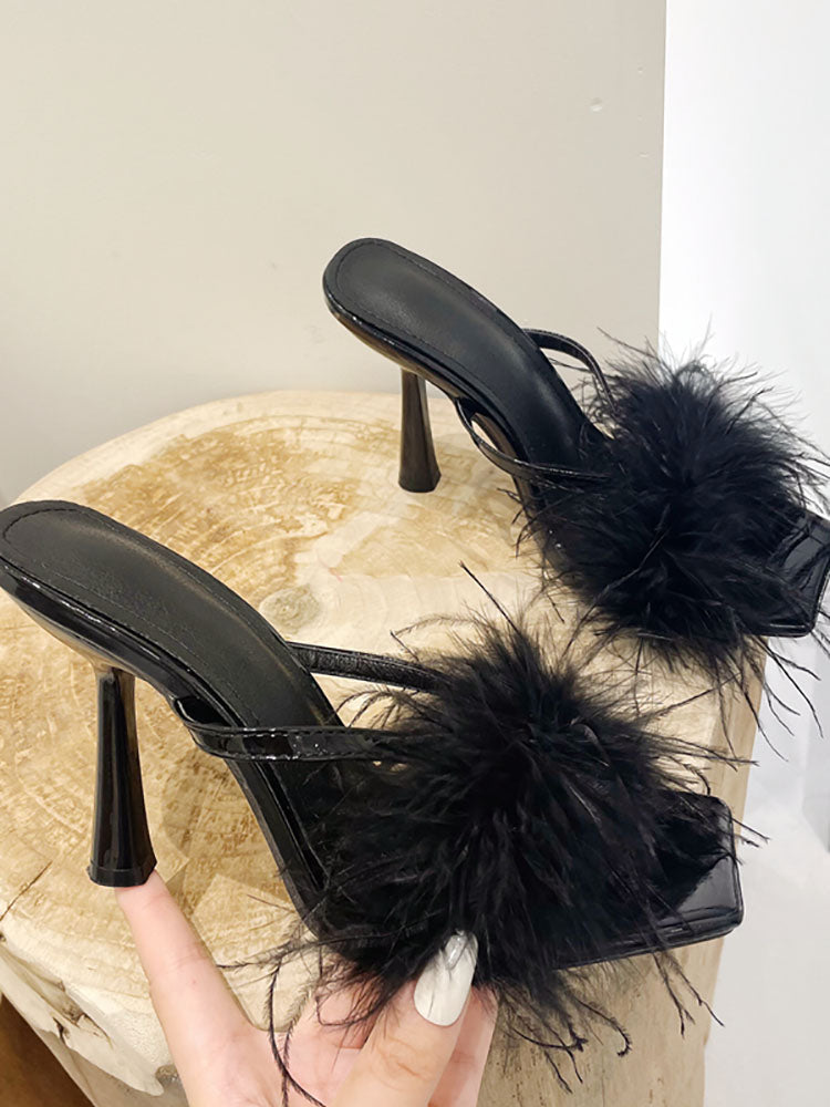 Feather Trim Square Toe Stiletto High Heel Mules