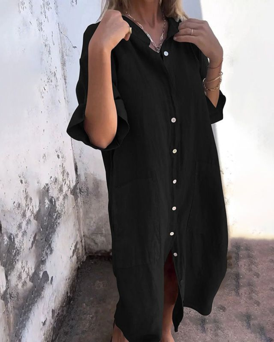 Collared Button Front Linen Pocket Shirt Midi Dress