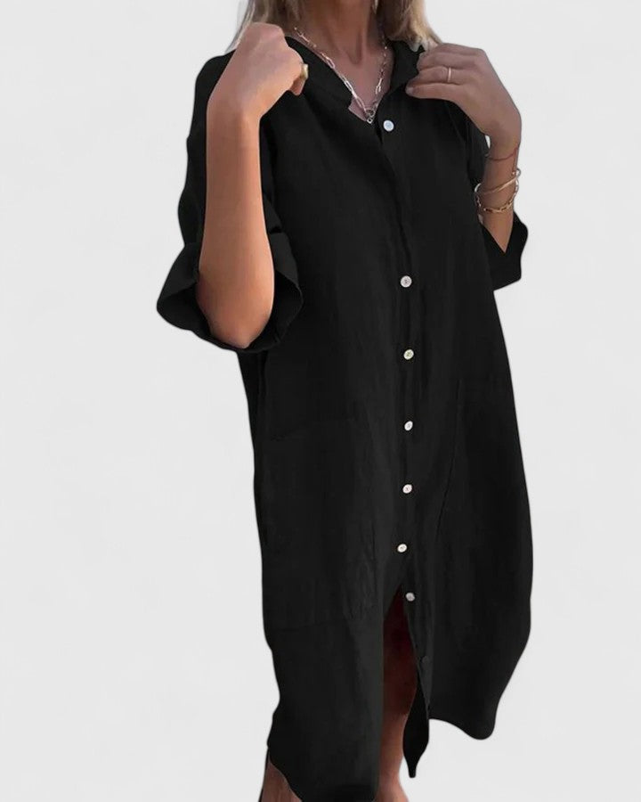 Collared Button Front Rolled Sleeve Pocket Linen Shirt Midi Dress