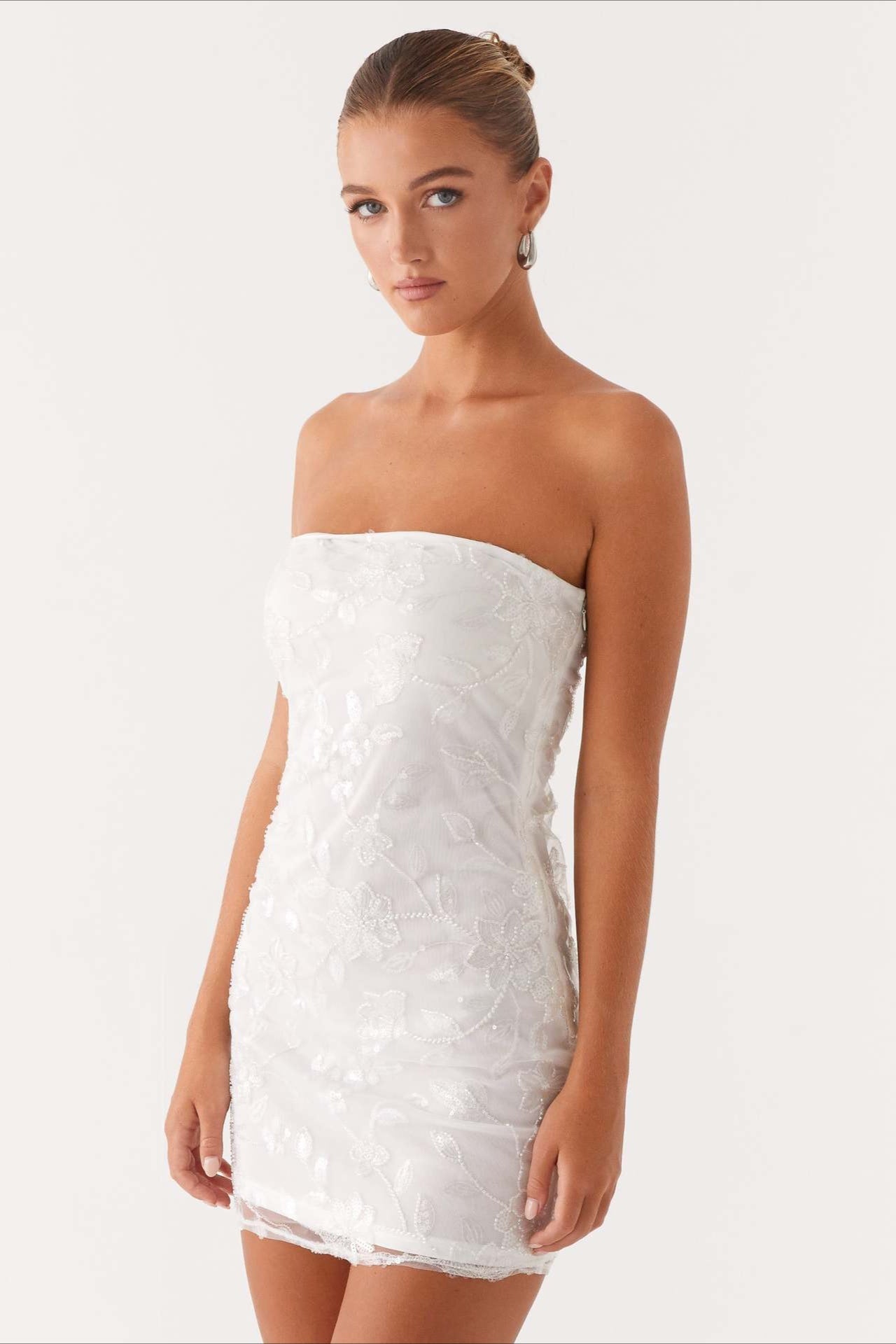 Strapless Sequin Floral Embroidered Mesh Bodycon Mini Dress 14