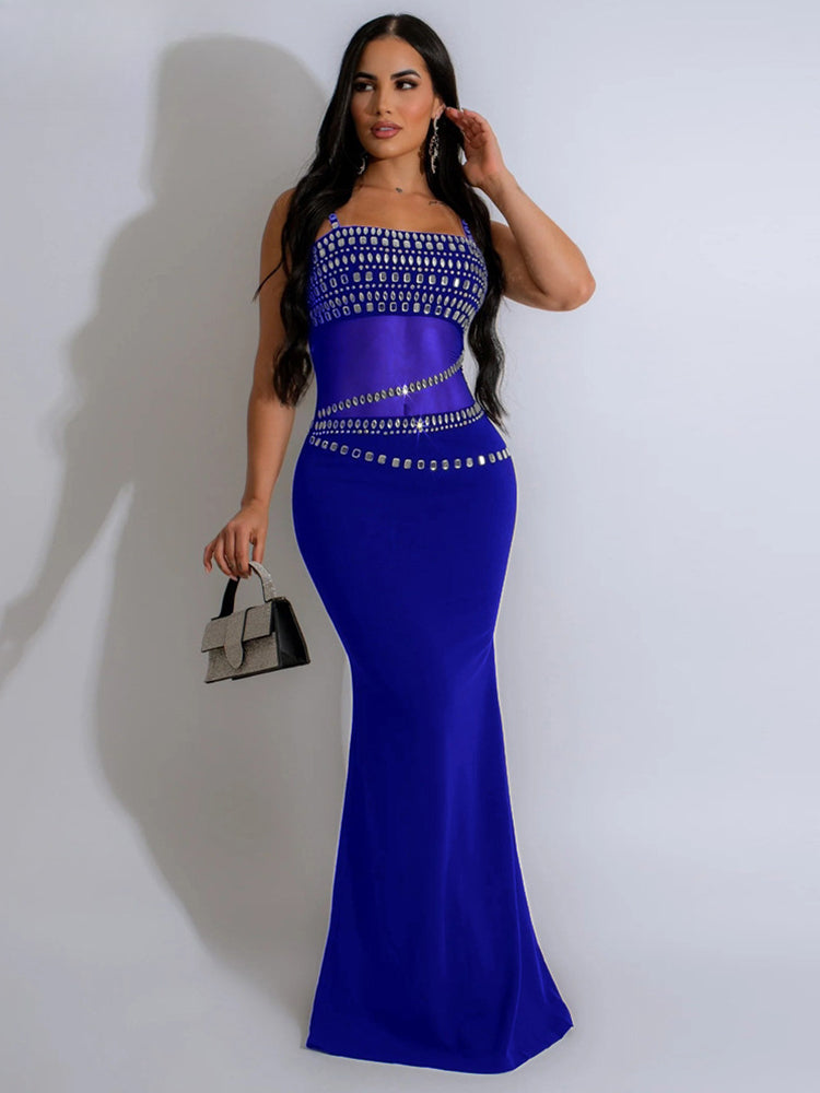 Elegant Mesh See Through Rhinestones Strap Sleeveless Red Christmas Party Dress Blue / S Dresses-L