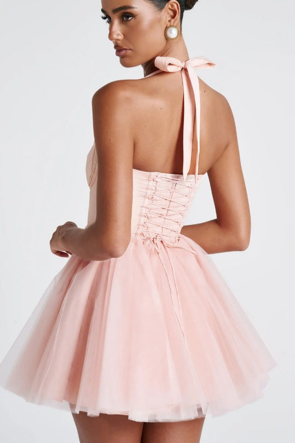 Boned Halter Lace Tie Waist Tulle Overlay Mini Dress 6