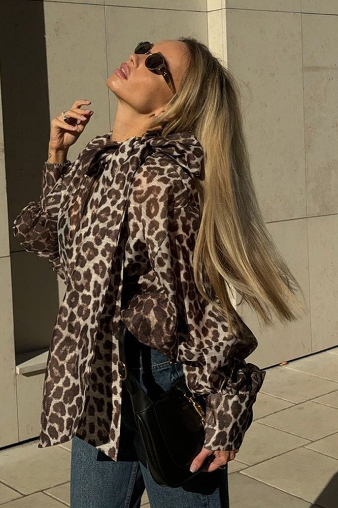 Leopard Print Tie Neck Blouse