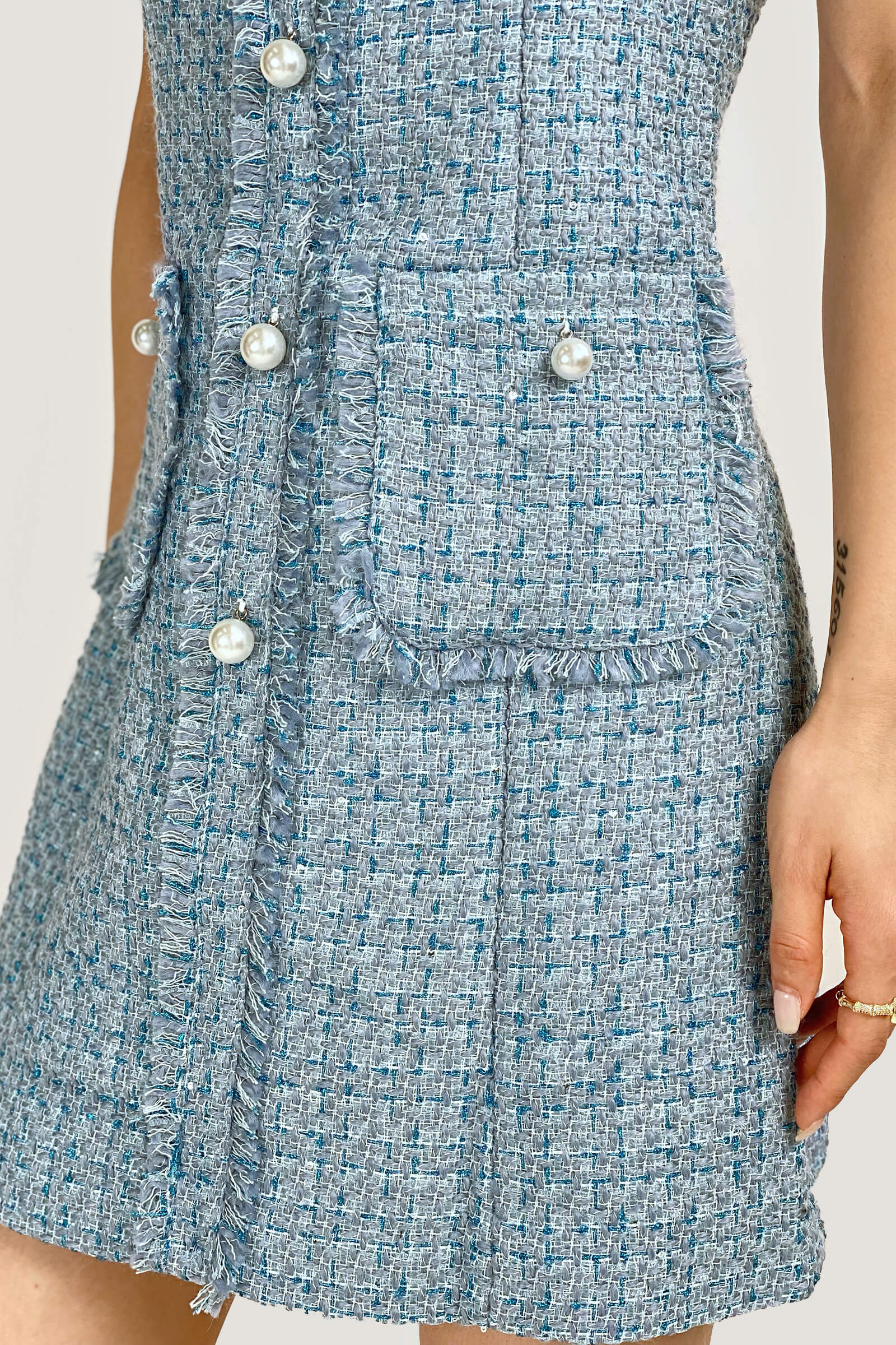 Plaid Raw Trim Tweed Sleeveless Mini Dress