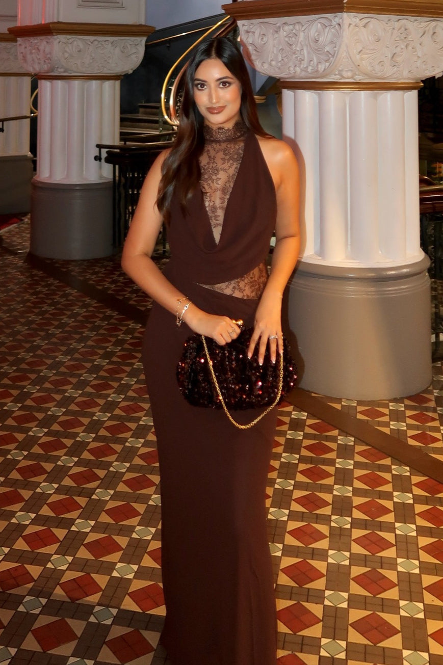 Brown Halter Lace Cowl Bodycon Dress 8