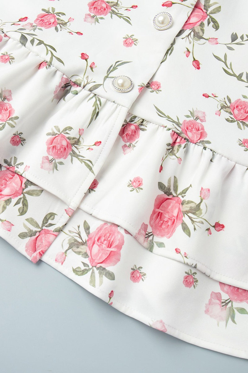 Oversized Collar Puff Sleeve Pearl Button Ruffle Tier Hem Floral Print Mini Dress 12