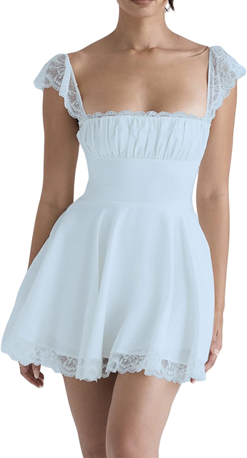 Cute Scalloped Cap Sleeve Square Neck Fit & Flare Mini Summer Sundress - Light Blue