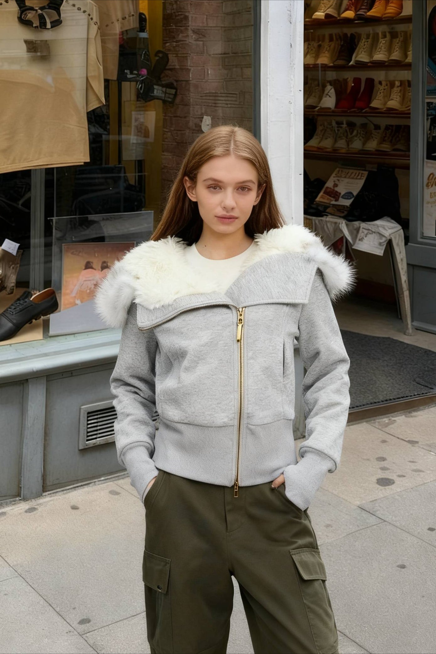 FleeceLined Hooded FurCollar Zip Short Jacket